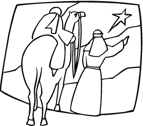 Kings On The Camel Are Pointing At Christmas Star Coloring Page